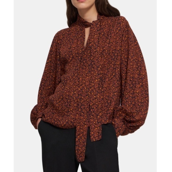 THEORY Blouson Sleeve Top in Floral Silk Crepe Brown Copper Size Small - Picture 3 of 15
